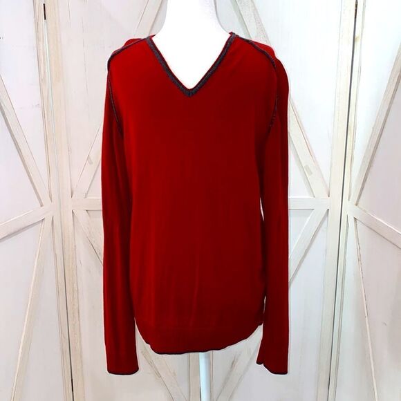 Codice 100% Merino Extra-fine Wool V-Neck Pullover In Red With Gray Trim - Picture 1 of 11